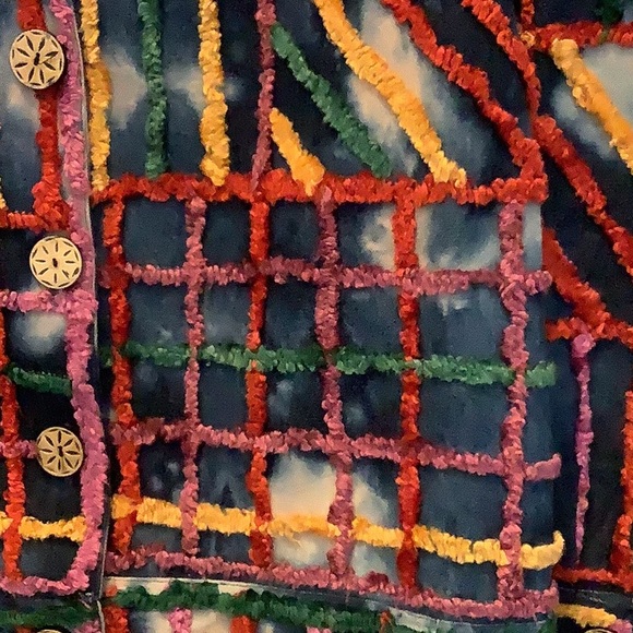 Earth Sea Sky Vtg Colorful Chenille-Embellished Acid Wash Denim Shirt Jacket Lge - Picture 3 of 8